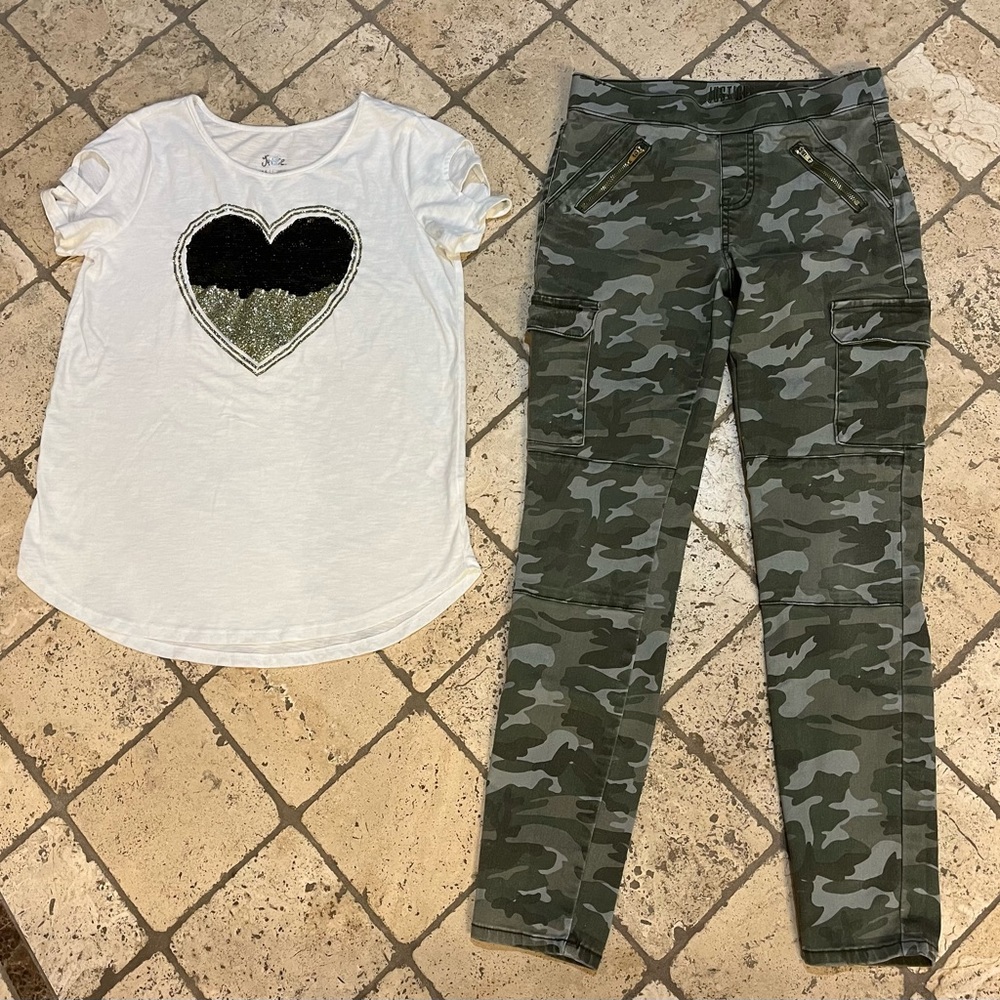 Justice Camouflage Utility Style Pants & Sequin Heart Top Size 14 16 EXC